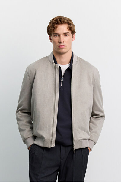 Avva Men's Light Gray Bomber Collar Suede Textured Seasonal Comfort Fit Coat ...