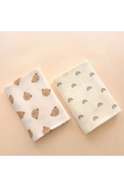 OIMG 100cmX100cm Bear and rainbow 2Pc Cotton Muslin Blankets Baby Receiving B...
