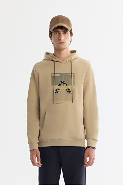 Avva Erkek Bej Kapüşonlu Pamuklu Baskılı Elastan Regular Fit Sweatshirt A42Y1321