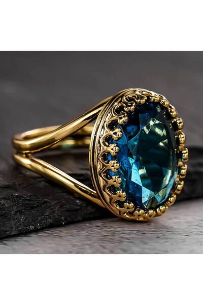 Choice3 8 T0984 Huitan Luxury Gold Color Women Ring with Shiny Oval Blue CZ L...