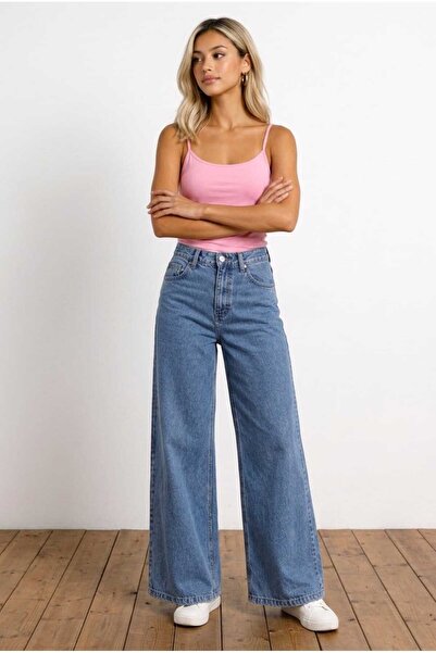 they11 Bol Paça Denim Flexible High Waist Lycra Women's Palazz0 Wide Leg Jean...