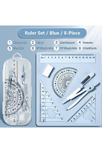 Choice3 Blue 8PCS B 8PCS/Set Plastic Ruler Compasses Set Eraser Transparent M...