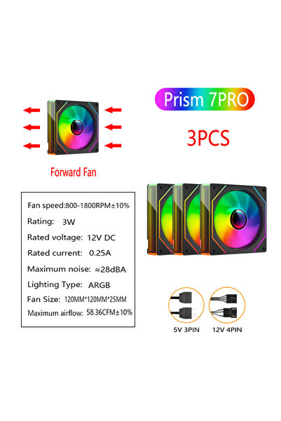 Choice7 A-RGB WHITE Black Forward 3PCS PRISM 7 PRO Computer Case Fan 120mm AR...