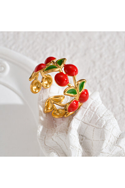 Choice resizable Gold-color Cherry Fashion Fruit Style Stainless Steel Open R...