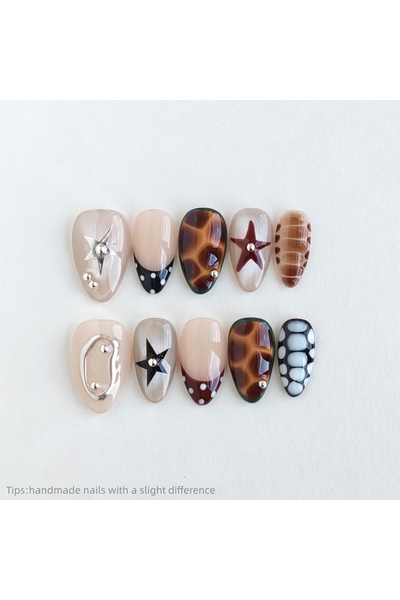 Choice XS 10pcs Handmade Nude Brown Star Pattern French Press on Nails Almond...