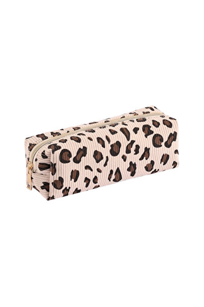 Choice3 White 1pc Corduroy Pencil Case with a Leopard Print Design, Smooth Zi...