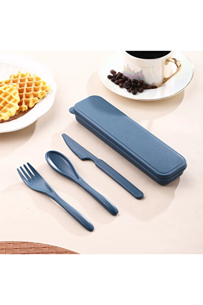 Choice Blue 3-Piece Wheat Straw PP Utensils Set Portable Cutlery Box Lightwei...