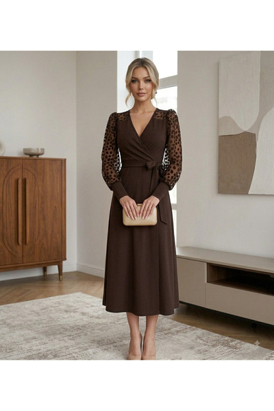 tülaybutik Women's Sleeves Tulle Flared Belt Double-Breasted Neckline Dress