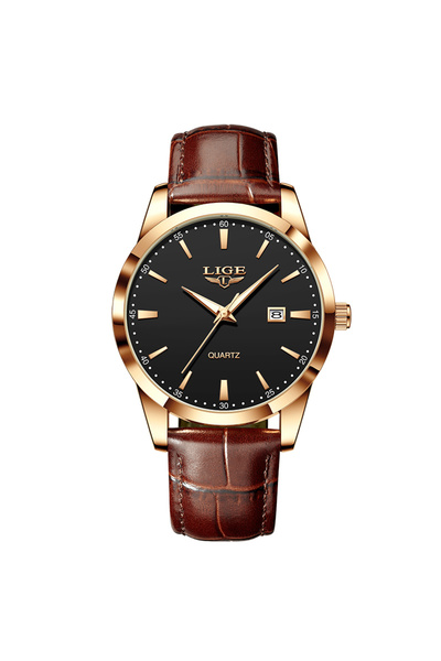 Lige rose gold black Fashion Brown Leather Watch Men Sports Men's Quartz Wris...