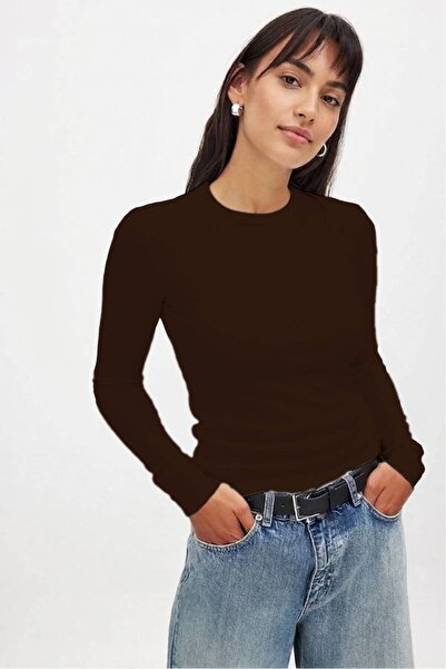 CHEISU Brown Long Sleeve Crew Neck Camisole T-Shirt - Ribbed