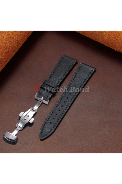 Choice 20mm Black Vintage Leather Watch Band Butterfly Buckle Stitching Cowhi...