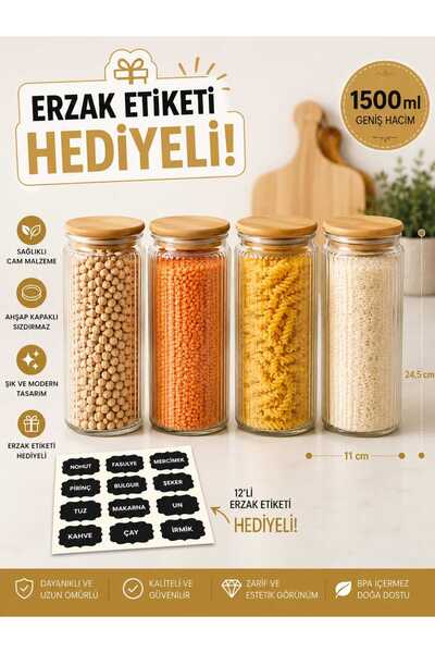 Glass&Grace 4’lü 1500 ML Çizgili Cam Erzak Kavanozu – Doğal Ahşap Kapaklı, Şı...