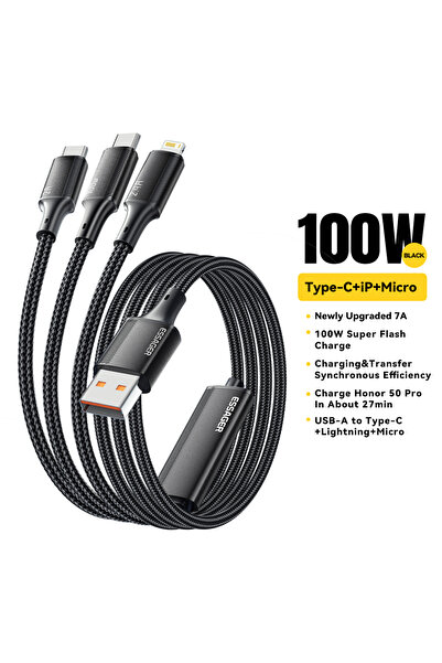 essager 1.2m Black 100W 7A USB Type C Fast Charger Cable 3 in 1 Fast Charging...