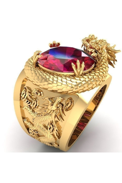 Choice 7 H172 Huitan Luxury Gold Color Dragon Pattern Men Rings Inlaid Big Ov...