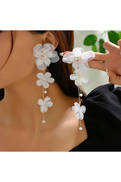 Choice AEH60413 White Fabric Flower Drop Earrings For Women Gold Plating Chai...
