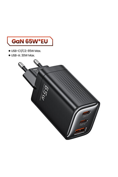 Toocki شاحن USB أسود أوروبي 65 واط بتقنية GaN من النوع C مع دعم QC4.0 وPD3.0 ...