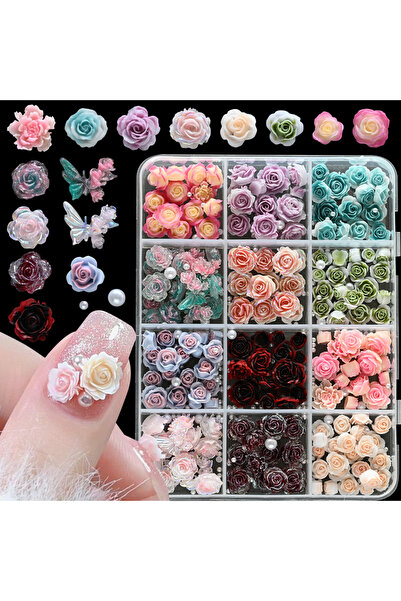 Choice 1 12Grids 3D Camellia Rose Flower Nail Art Charms Mixed Floral Butterf...