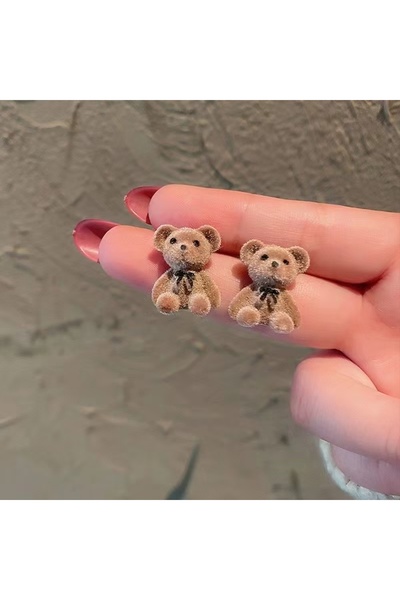Choice AEH70141 Cute Flocking Plush Rabbit Bear Stud Earrings Kawaii Brown Kh...