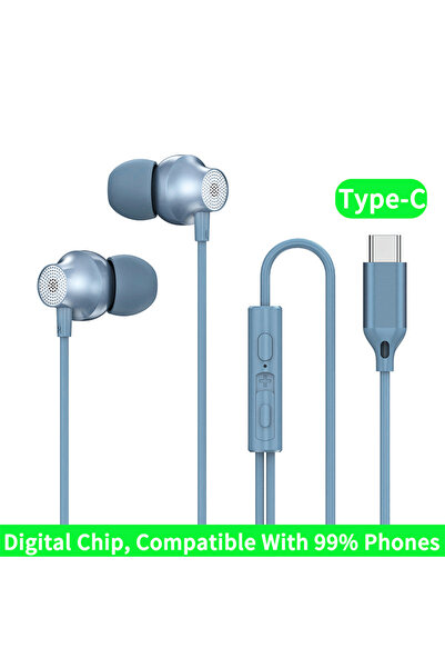 Choice Type-C Blue Digital Chip Wired Earphone 3.5mm AUX/Type C 9D HiFi Surro...
