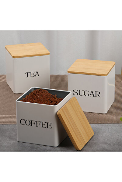 Choice White Bamboo Lid 3Pcs Coffee Bean Storage Canisters Tea Sugar Vacuum S...