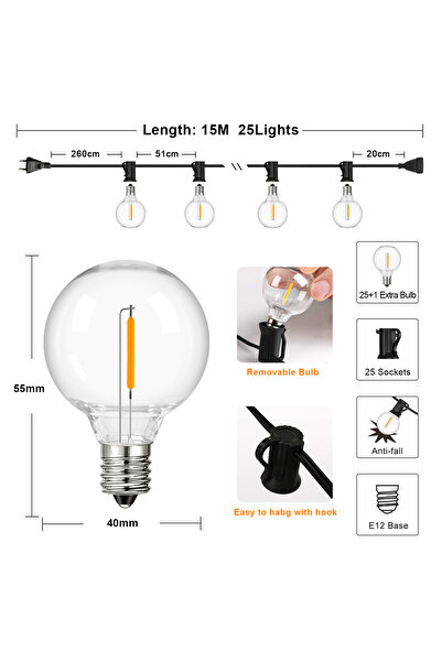 Choice EU Plug 15m 25lights G40 Outdoor Garland String Lights 110V US Plug Sh...