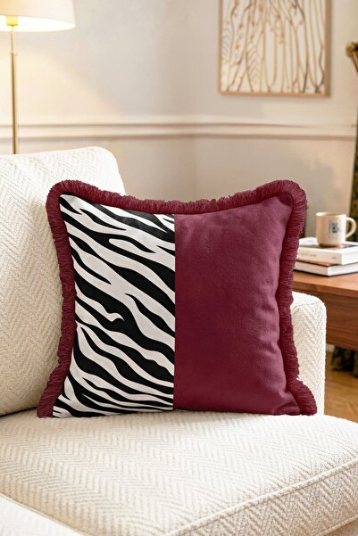 IdeCraft Bordo ve Siyah Beyaz Zebra Desenli Modern Saçaklı Kırlent Kılıfı
