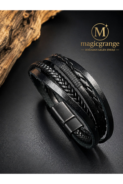 magıcgrange Noble Black – Asil Ruh Erkek Hakiki Deri Bileklik | 5 Katmanlı Pr...