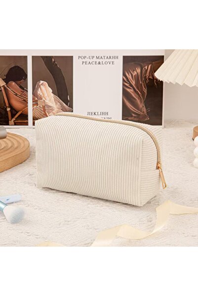 Choice Beige Cute Corduroy Cosmetic Bag for Girls Spacious Makeup Pouch Durab...