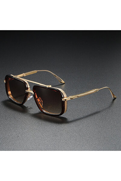 Choice1 Golden Tea Large Square Sunglasses Men Steampunk Style Metal Pilot Su...