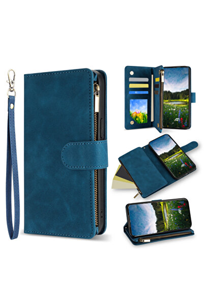 Choice44 Galaxy S24 FE Case & Strap Blue Wallet Multi-card Zipper Kickstand M...