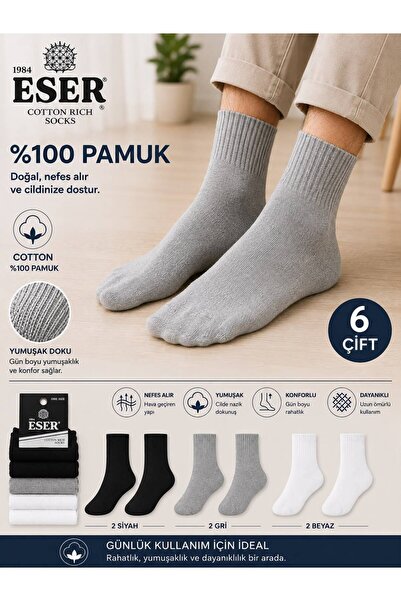 Eser Çorap 6 Pairs Unisex Cotton Sports Socks One Size Black, White, Gray – C...