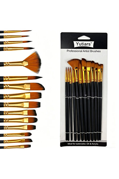 Choice black 12pcs Nylon Bristle Brush Set Flat Brushes Watercolor Oil Paint ...