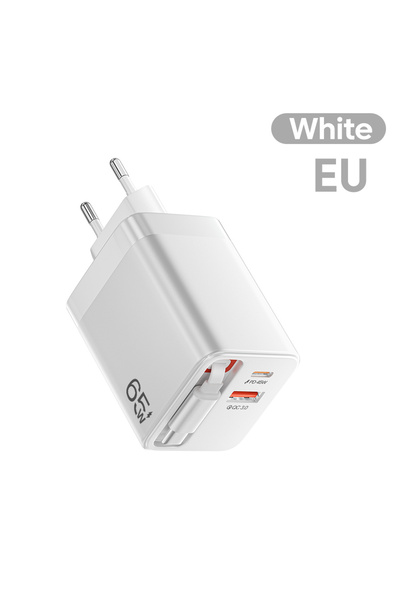 Choice شاحن سريع أوروبي 65 واط مع كابل USB-C قابل للسحب، منفذان USB من النوع ...