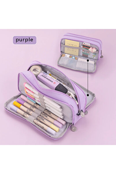 Choice Purple Large Pencil Case 3 Compartments Pencil Pouch Big Capacity Penc...