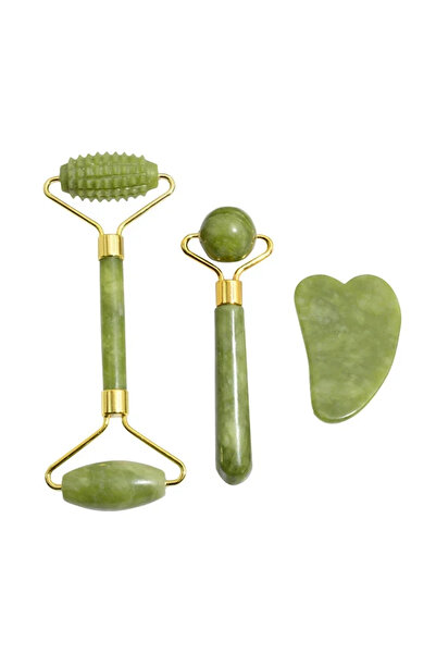 Choice3 3Pcs Set Natural Jade Roller Face Gua Sha, Natural Stone, Body Neck M...