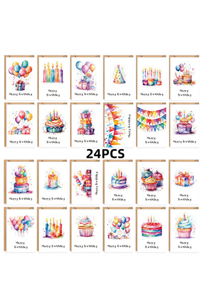 Choice 822-24pcs 24 colorful birthday cake pattern greeting card set with env...