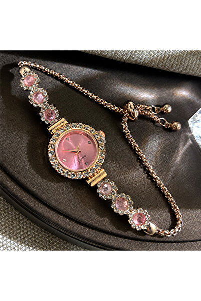 choice2 Pink Foreign trade chalcedony bracelet watch set with diamond light l...