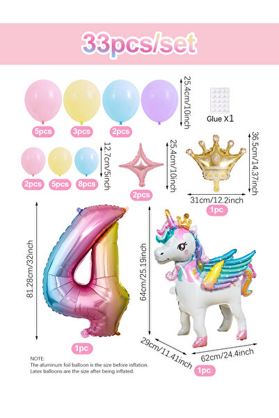 Choice Other Number 4 1/33pcs Unicorn Rainbow Birthday Balloons, 0-9 Numbers,...