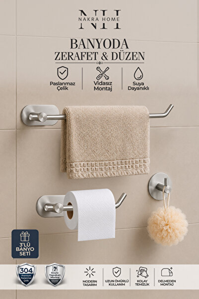 NAKRA HOME 3'lü Set ( Paslanmaz Çelik Yapışkanlı Havlu Askısı , Tuvalet Kağıt...