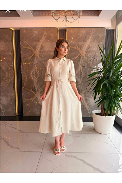 Dila Sayan Boutique Kolu Dantelli Kuşaklı Gömlek Midi Boy Elbise💫