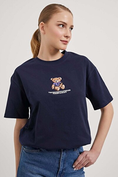 Arma Life Women's Teddy Bear Embroidery Patterned Summer Navy Loose T-Shirt