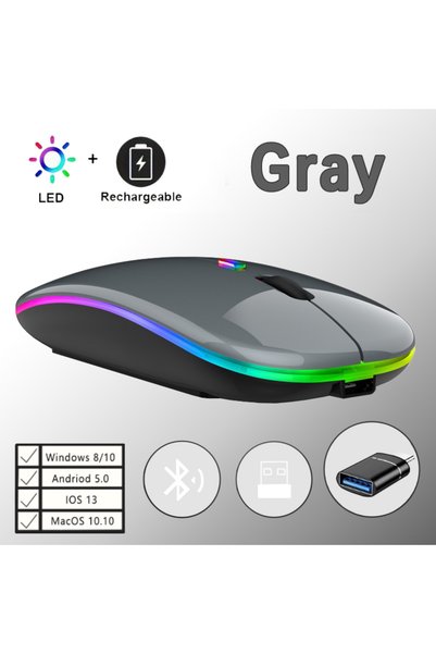 Choice ماوس لاسلكي رمادي قابل لإعادة الشحن مع إضاءة خلفية LED وبلوتوث ومحول م...