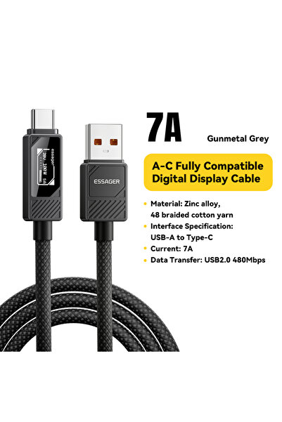 Choice4 2m 100W A To C Black ESSAGER 100W Type C to C Cable With Digital Disp...