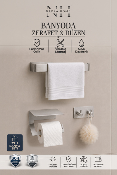 NAKRA HOME 3'lü Set ( Paslanmaz Çelik Yapışkanlı Havlu Askısı , Tuvalet Kağıt...