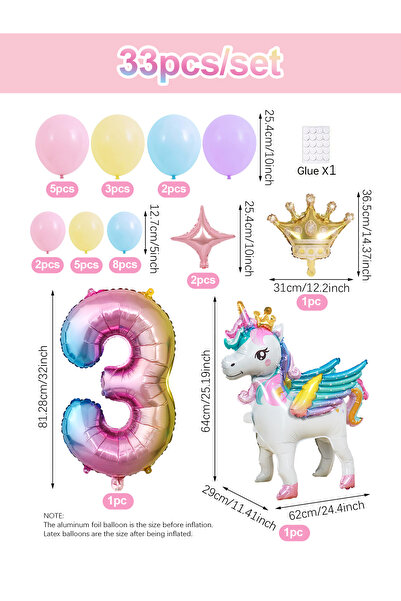 Choice Other Number 3 1/33pcs Unicorn Rainbow Birthday Balloons, 0-9 Numbers,...