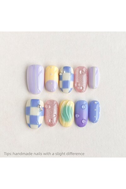 Choice4 Spring-M 10pcs Color Block Plaid Stripe Press On Nails Green Pink Squ...