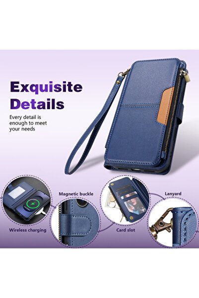 Choice7 Galaxy S26 Ultra Blue Wallet Multi-card Slot Zipper Kickstand Magneti...