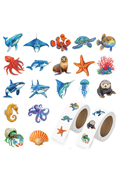 Choice 2Rolls (1000pcs) 500/1000Pcs Ocean Stickers Under The Sea Animal Fish ...