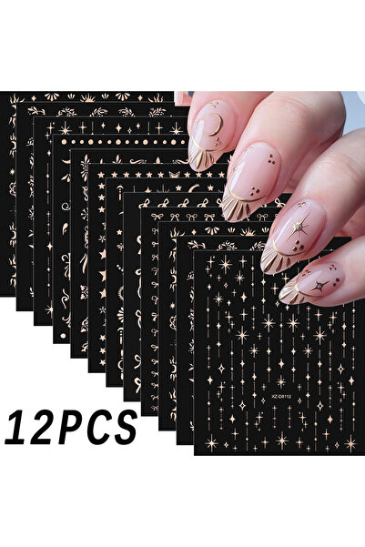 Choice NLS381-S1-05 12Pcs 3D Laser Gold Star Moon Bowknot Nail Art Stickers B...