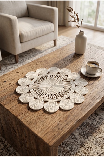 LinaHouse Hand Knitted Beige Jute Thread Round Floral Pattern Runner – Decora...